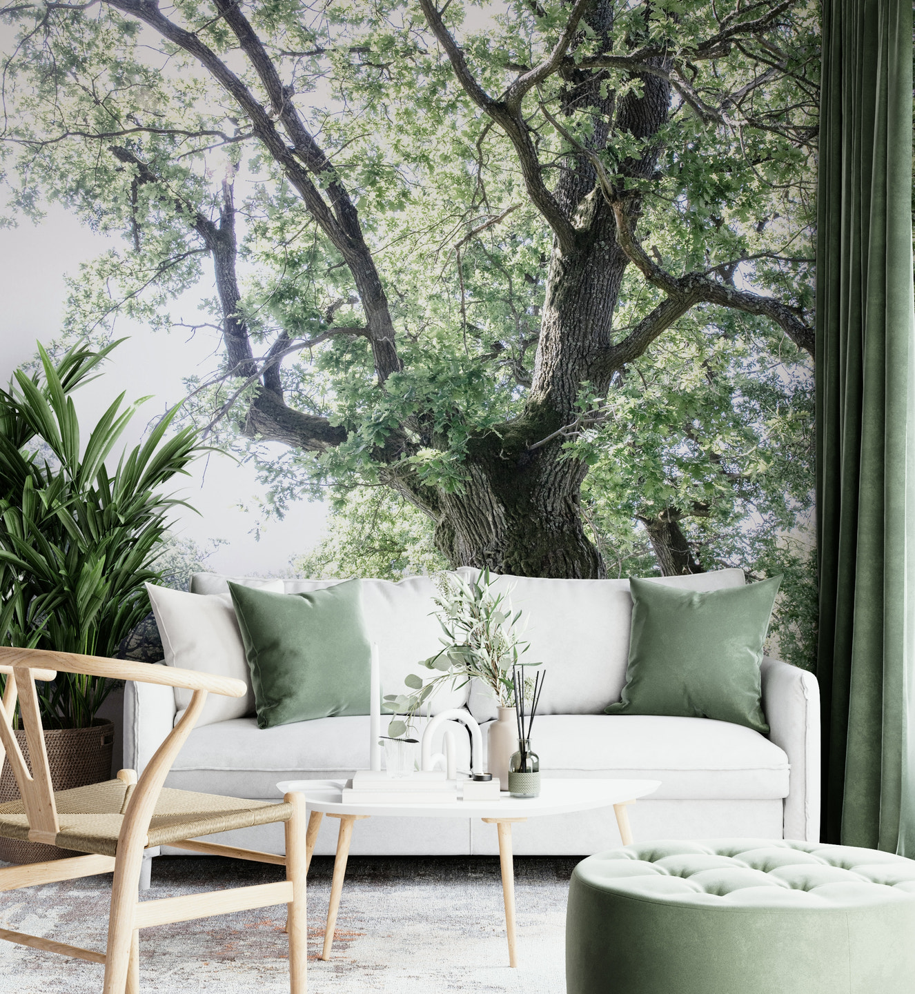 A photo-realistic wall mural of a majestic oak tree.

