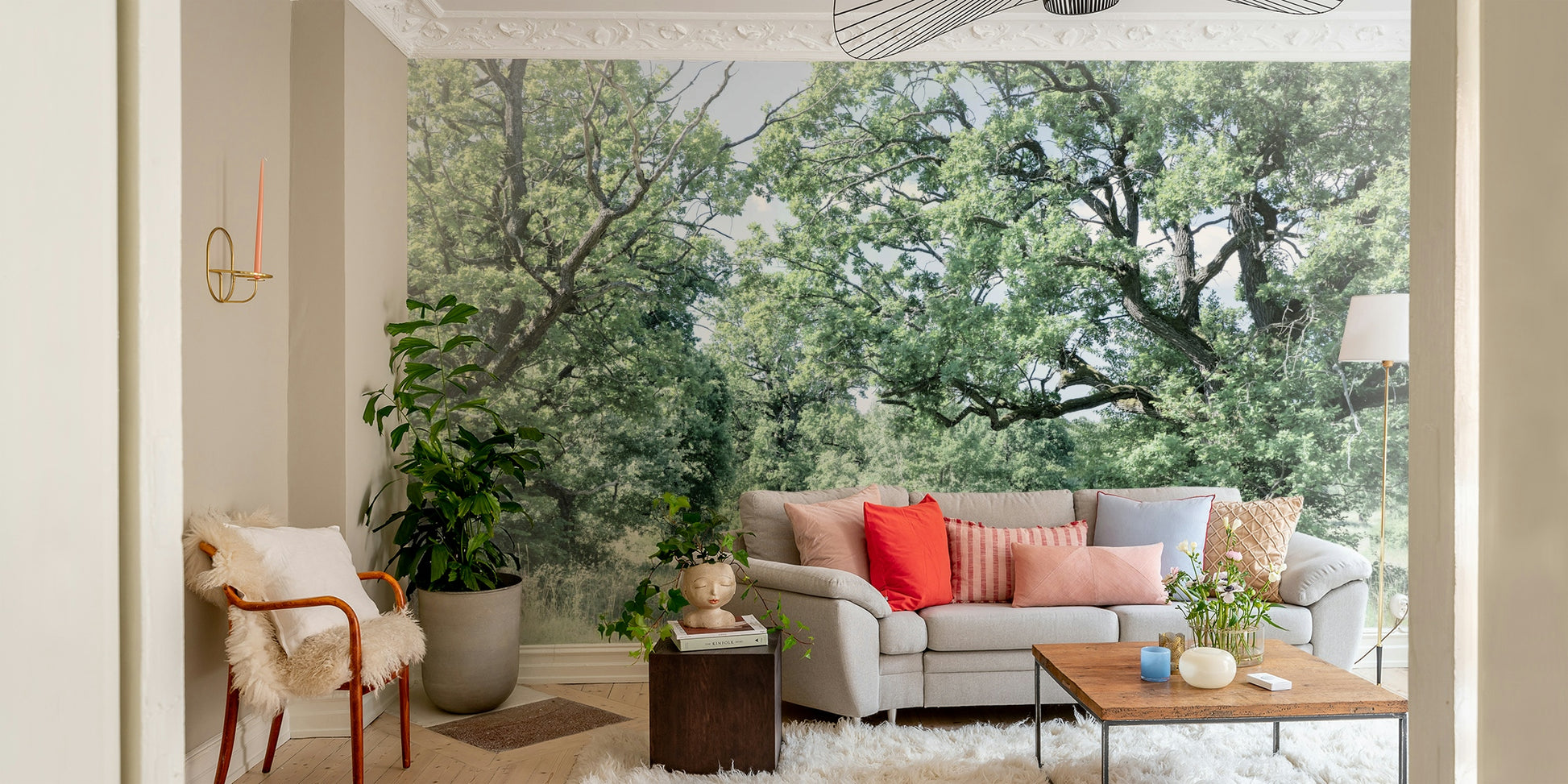 The wall mural is installed on a living room feature wall.

