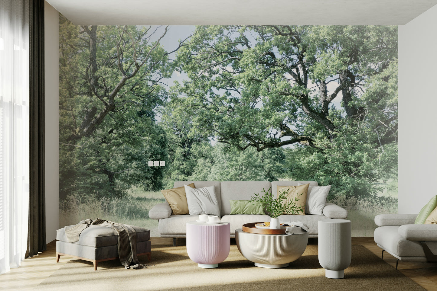The wallpaper is applied seamlessly, making the view feel realistic.

