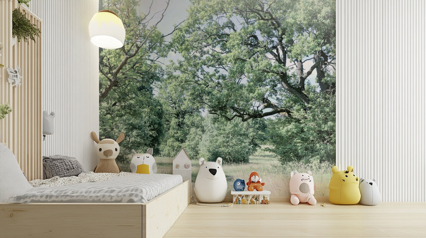 A photo-realistic wall mural of a tranquil greenery landscape.

