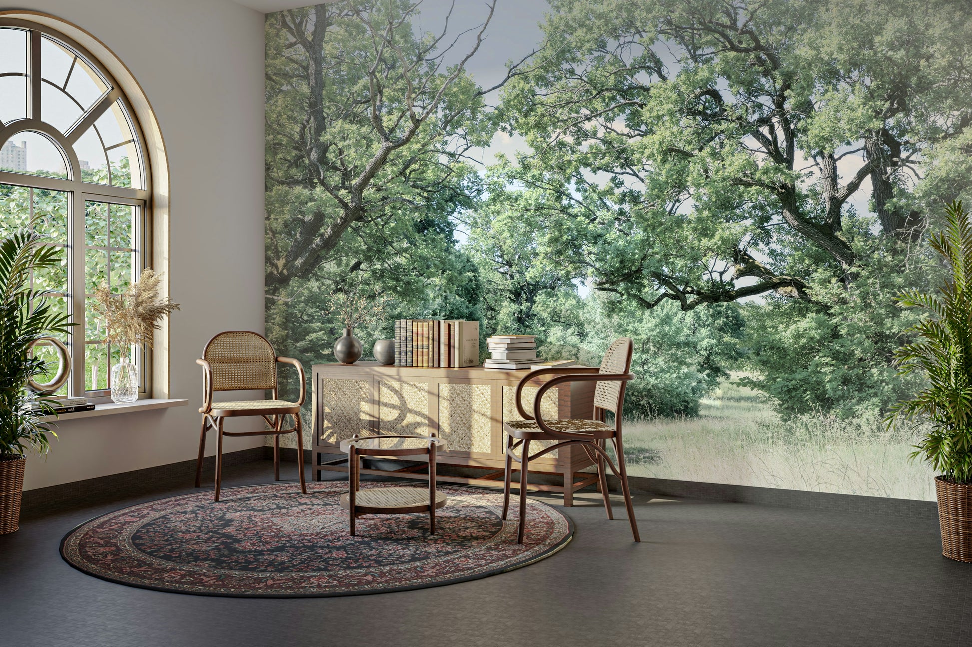 The scene has a peaceful and serene feel, like a quiet day in the country.

