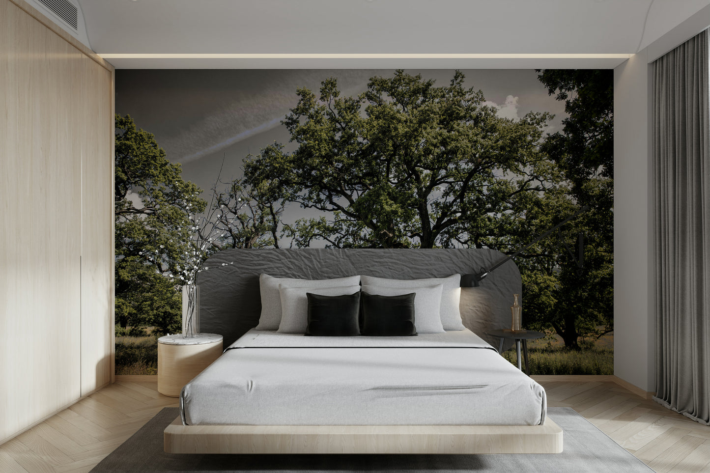 A photo-realistic wall mural of a serene oak grove.

