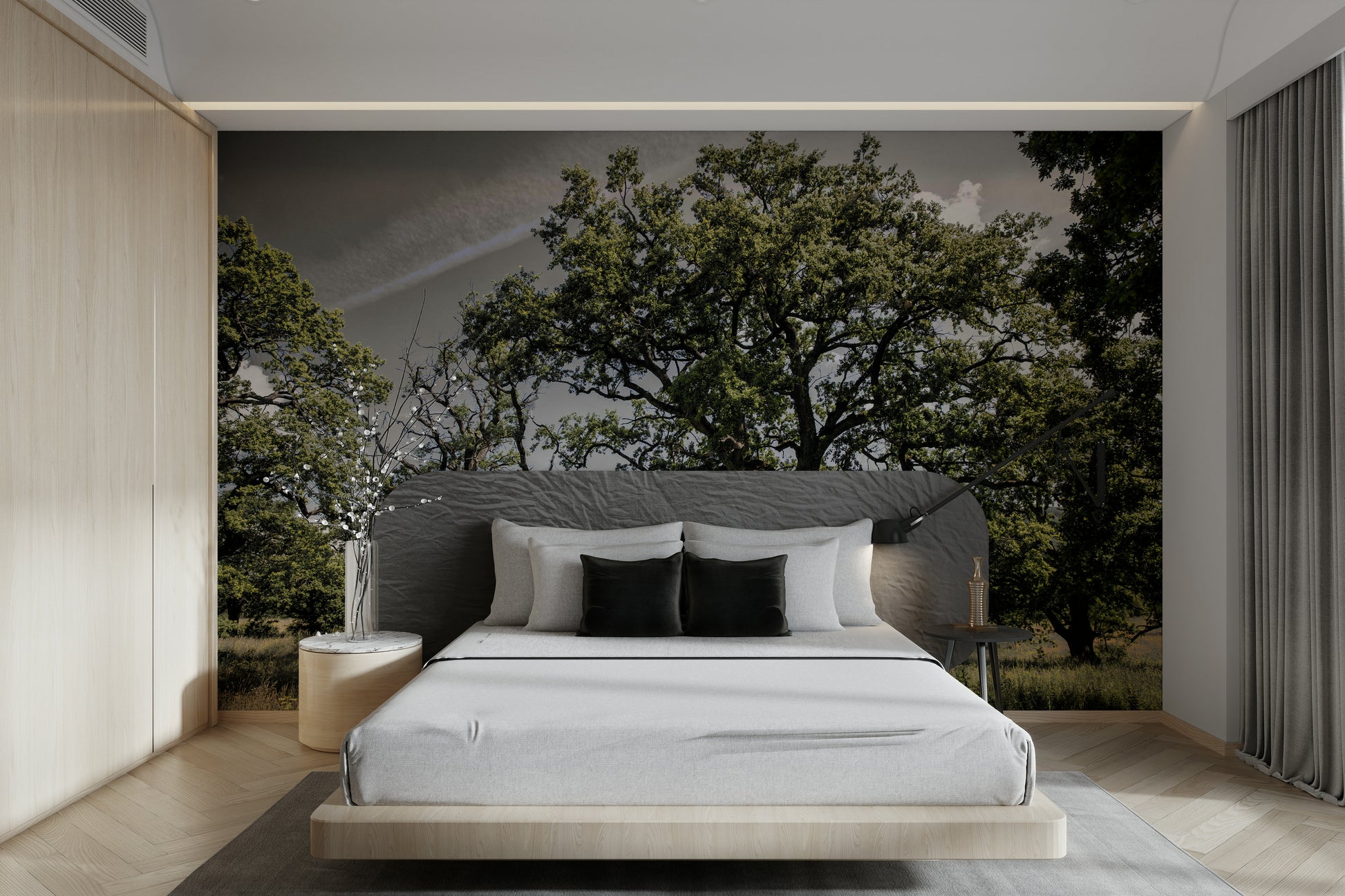 A photo-realistic wall mural of a serene oak grove.

