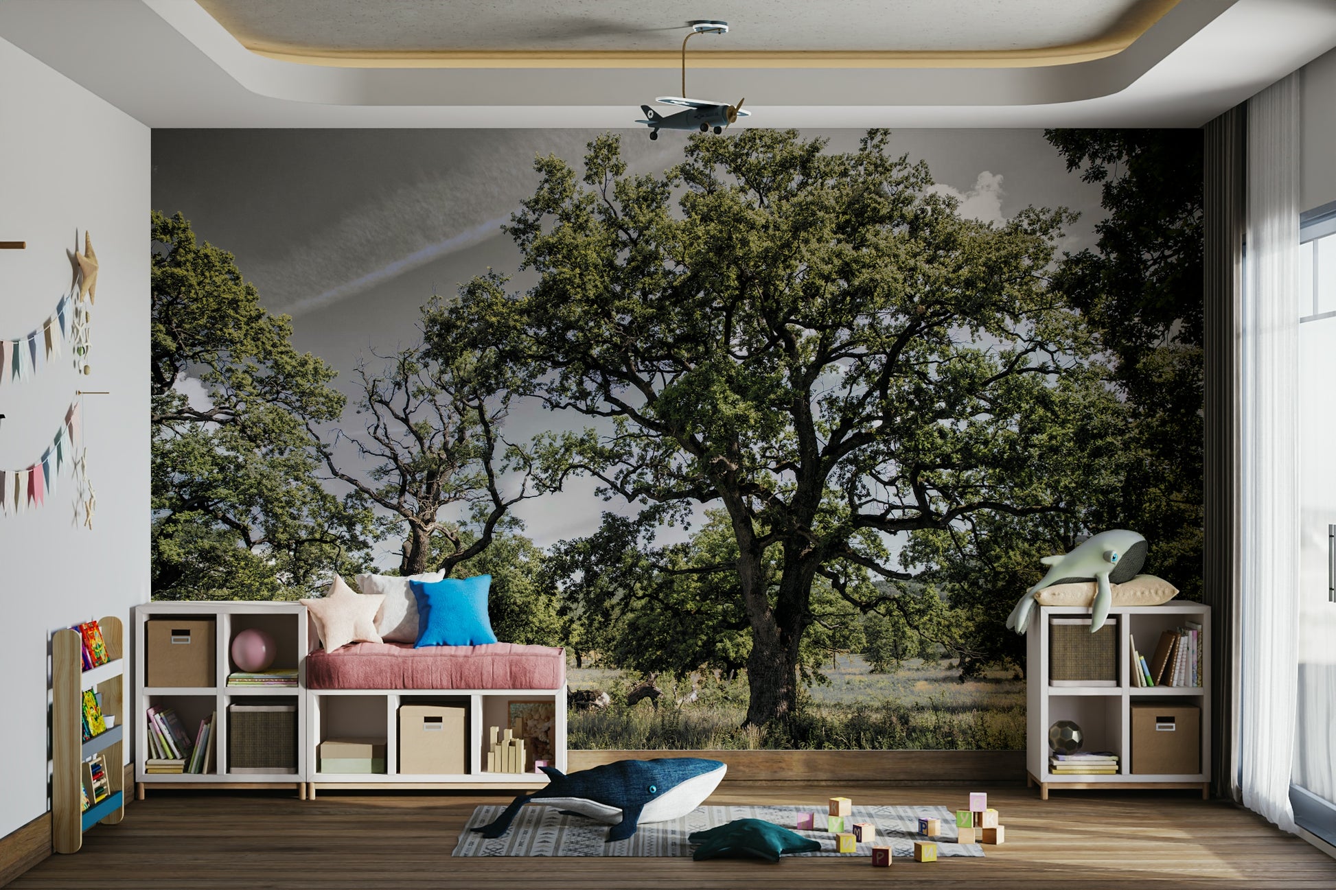 The wallpaper is applied seamlessly, making the view feel realistic.

