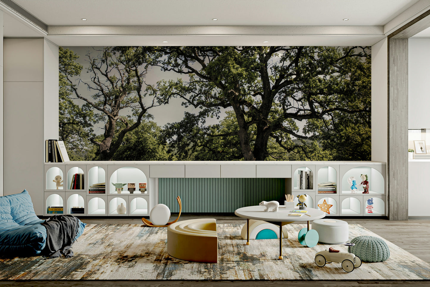 The wall mural is installed on a living room feature wall.

