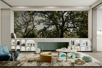 The wall mural is installed on a living room feature wall.

