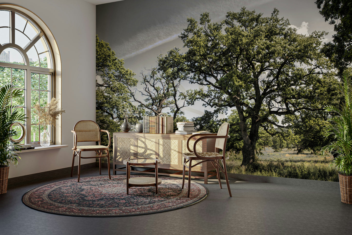 The colors are lush shades of green for the foliage and a soft blue for the sky.

