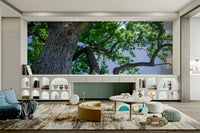 A close-up view of the detailed foliage of the majestic oak tree.

