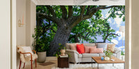 A photo-realistic wall mural of a majestic oak tree.

