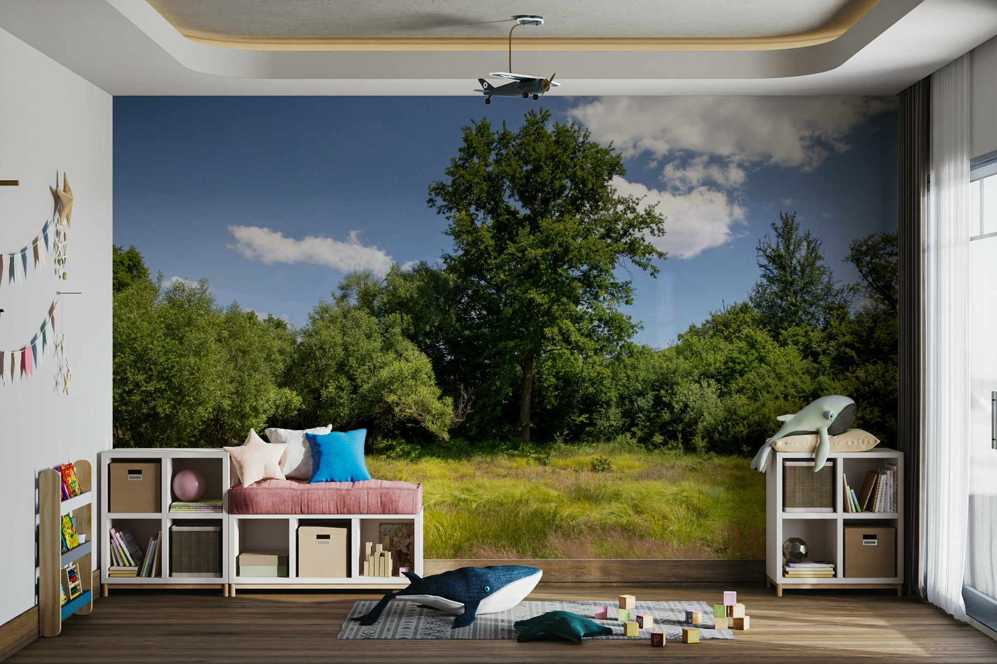 The wall mural is installed on a living room feature wall.

