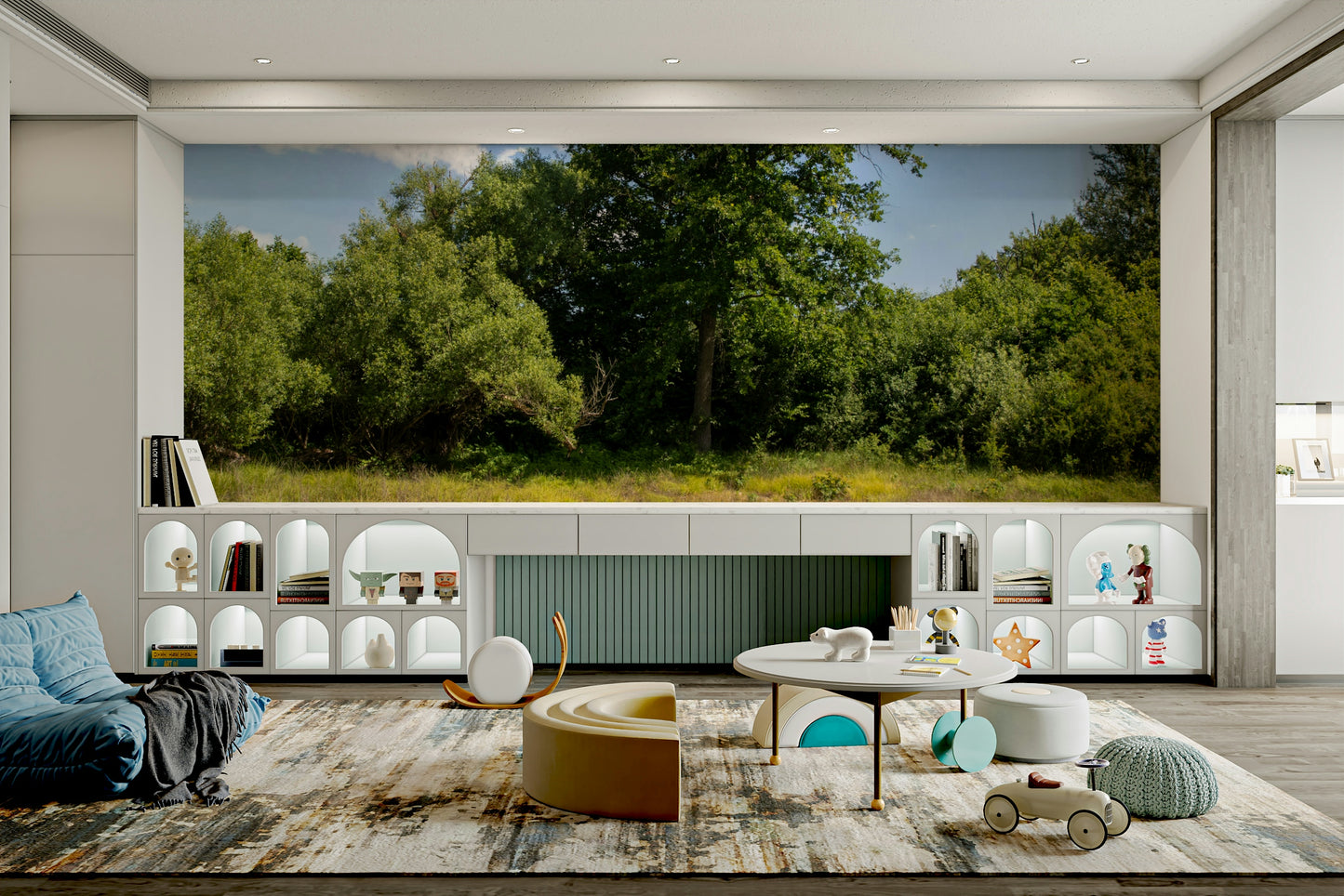 The colors are rich shades of green and earthy browns, contrasting with the blue sky.

