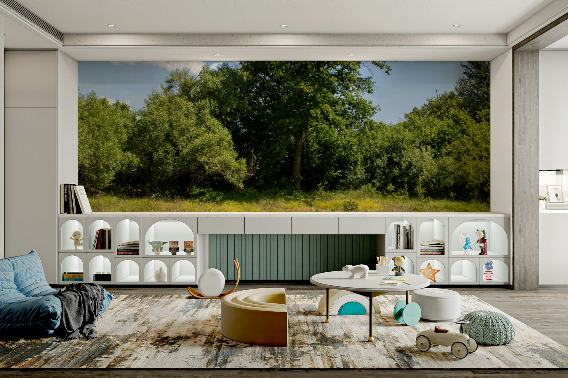 The colors are rich shades of green and earthy browns, contrasting with the blue sky.

