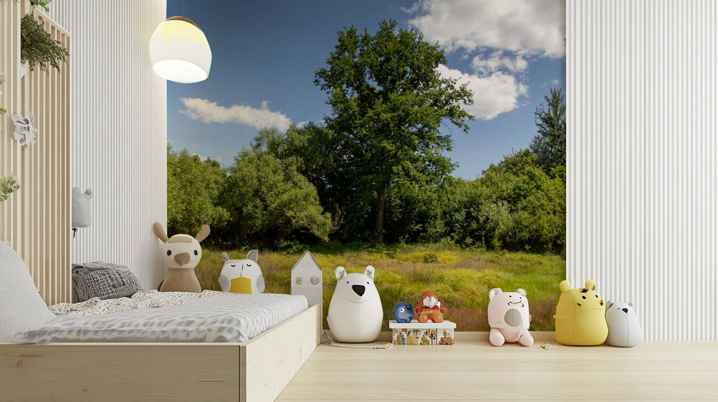 A photo-realistic wall mural of a lush green landscape with majestic trees.

