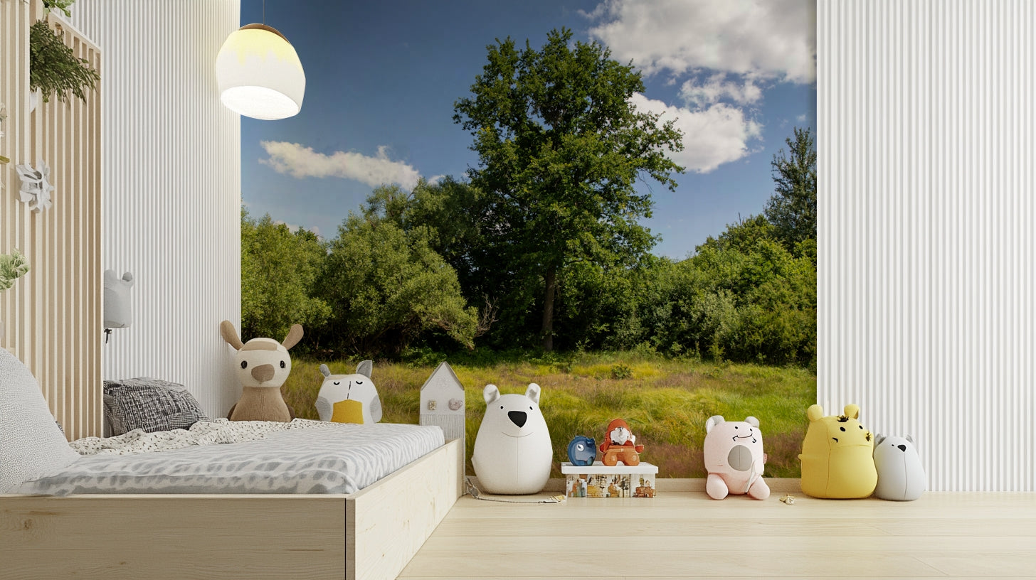 A photo-realistic wall mural of a lush green landscape with majestic trees.

