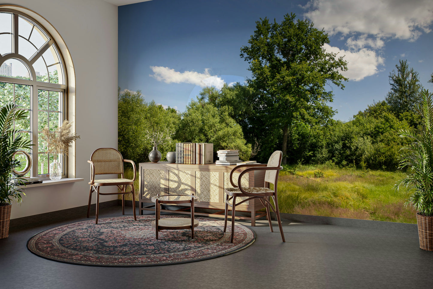 The high-resolution print captures fine details of the trees and landscape.

