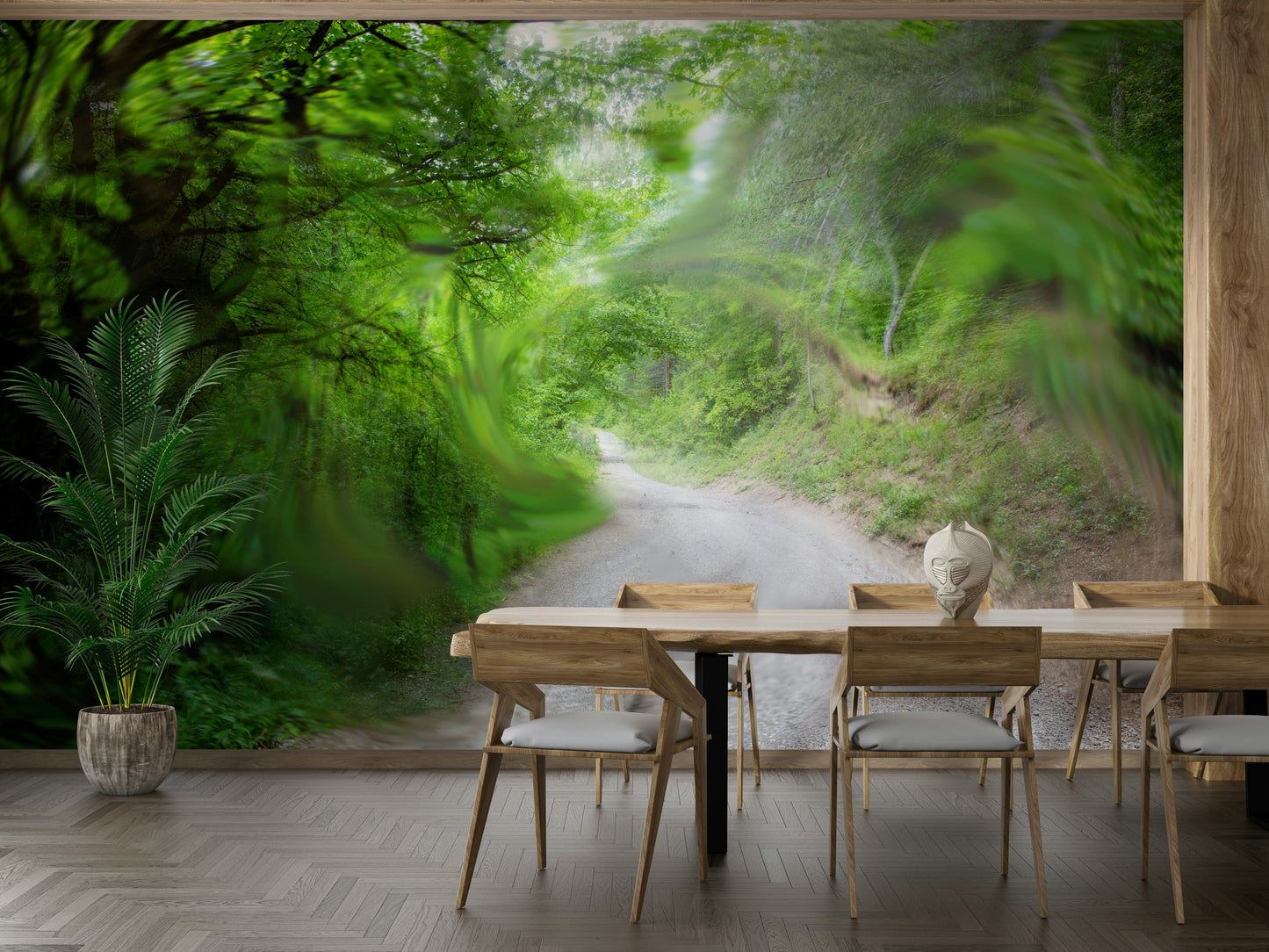The mural gives a feeling of a quiet walk in nature.

