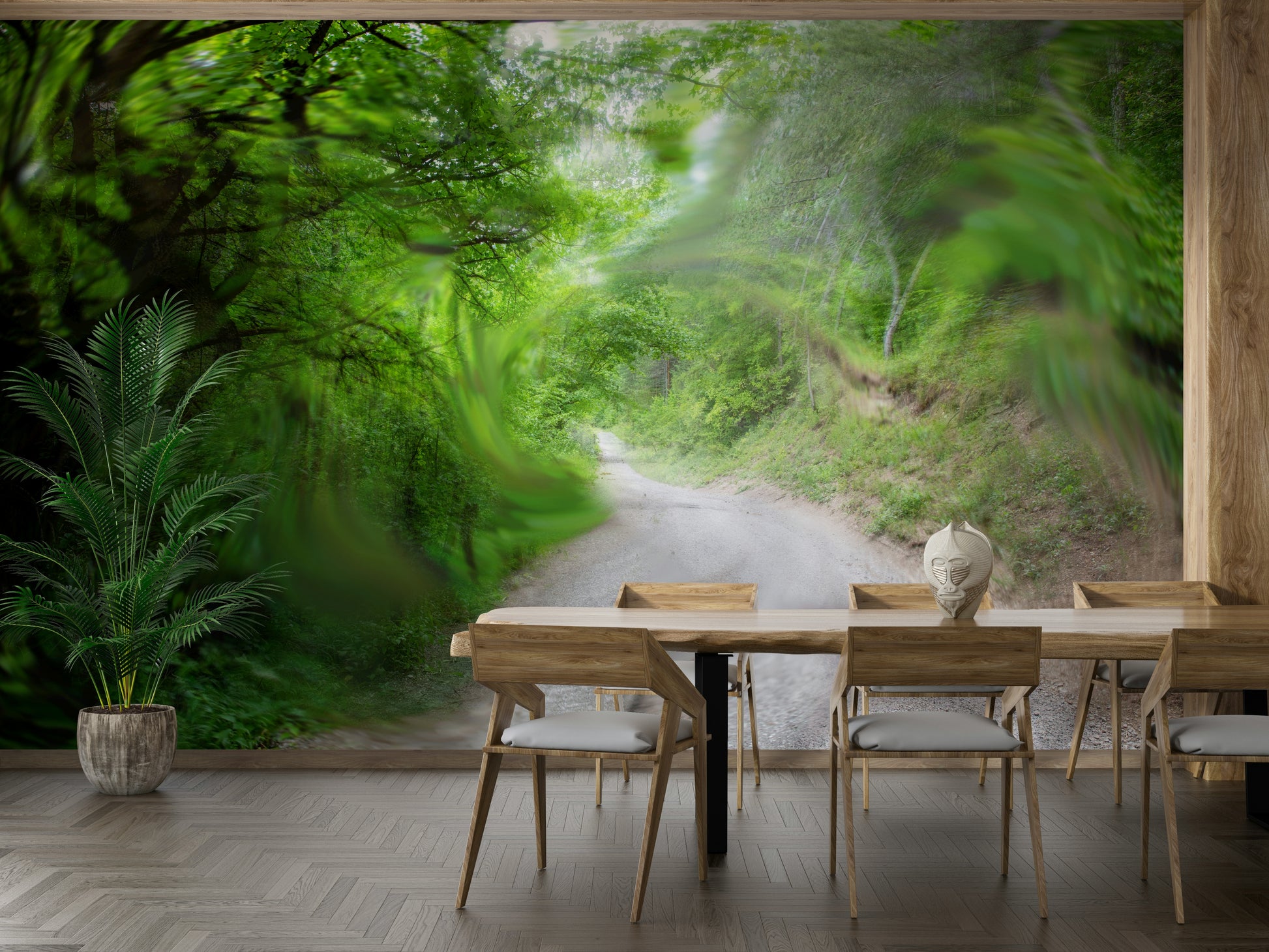 The mural gives a feeling of a quiet walk in nature.

