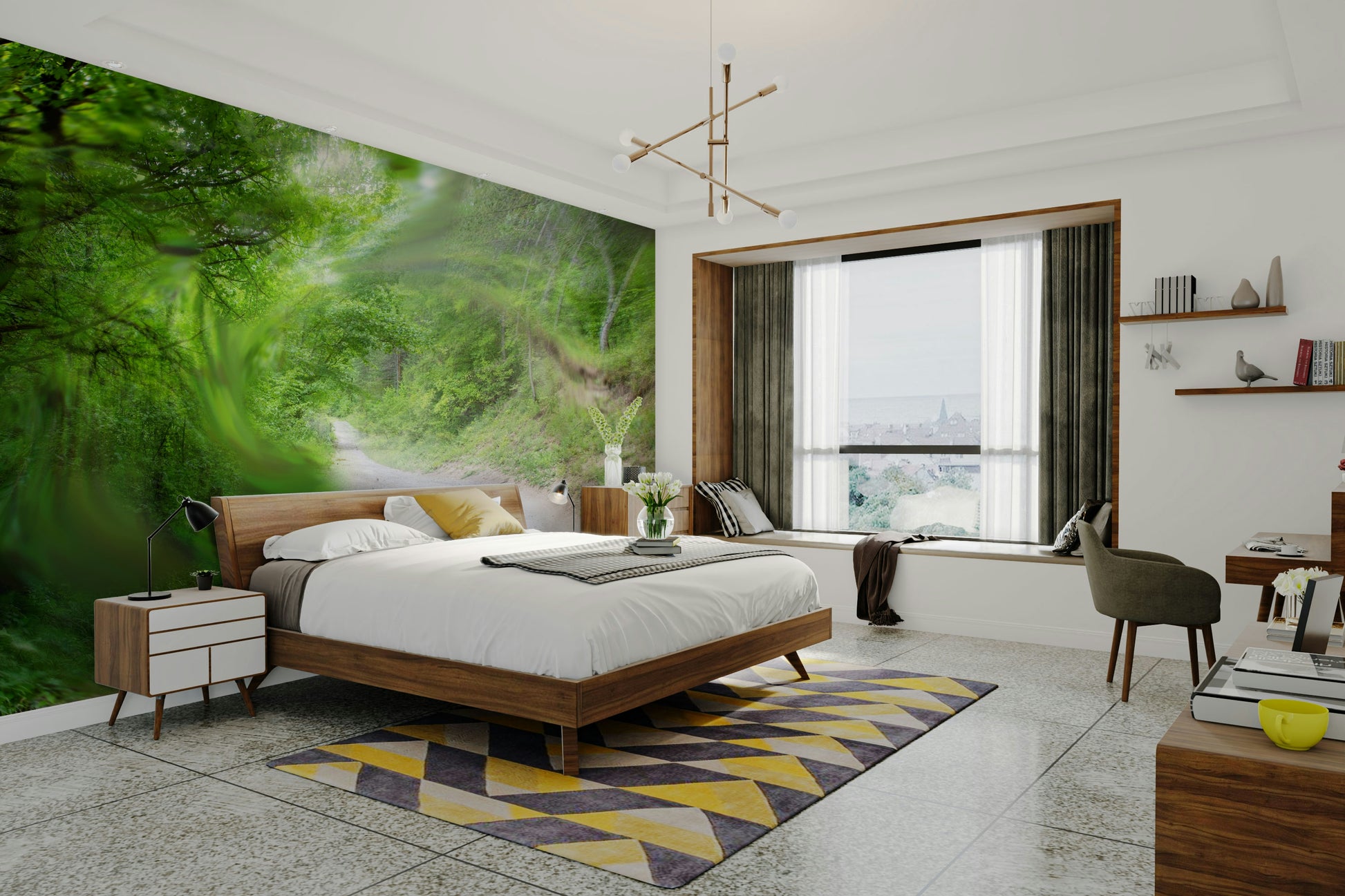 A wall mural of a green pathway or road.

