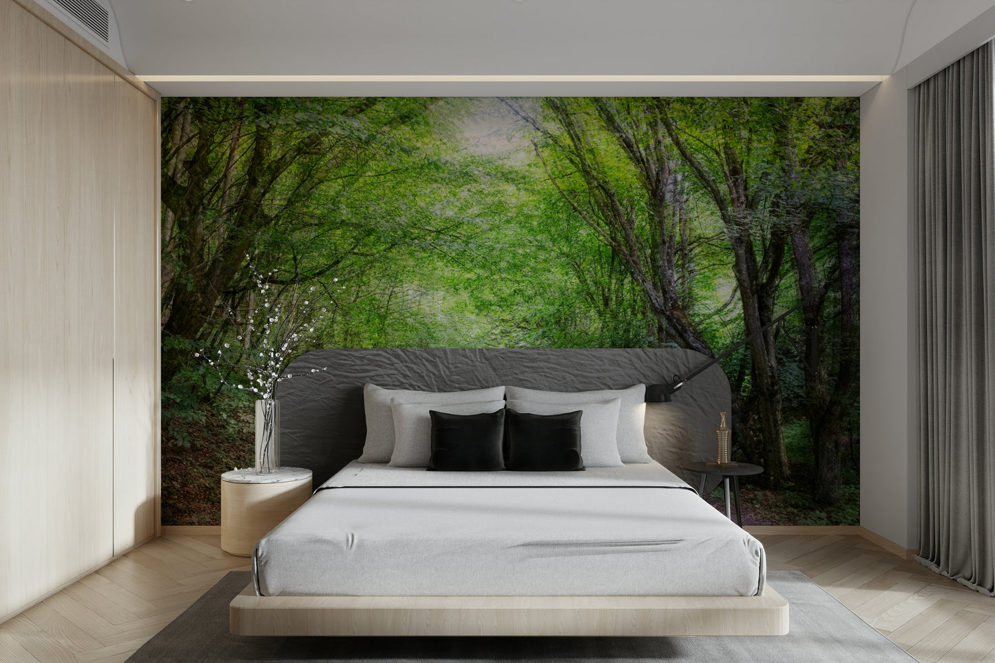 A wall mural of a serene forest pathway.

