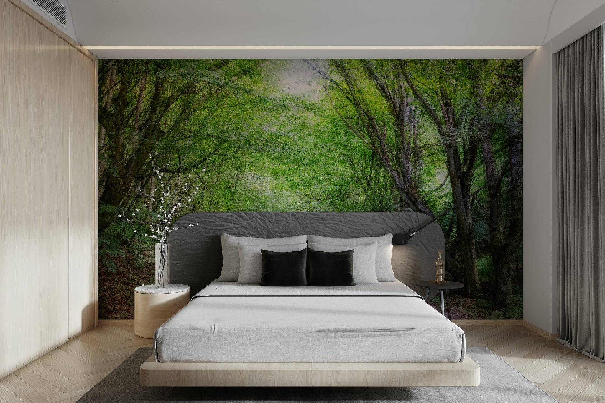 A wall mural of a serene forest pathway.

