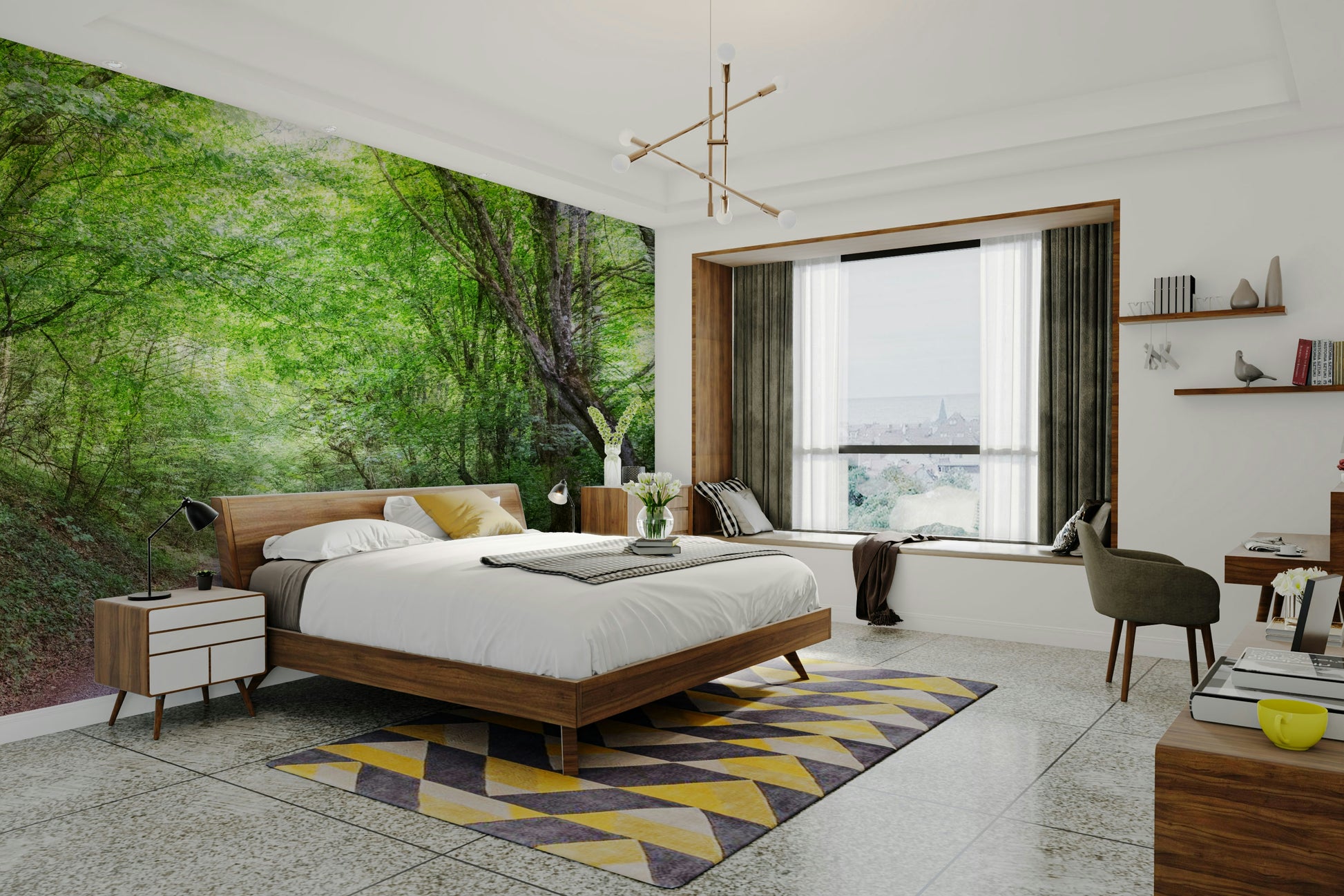 The colors are vibrant greens and soft browns.

