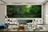 The pathway is covered with leaves or moss.

