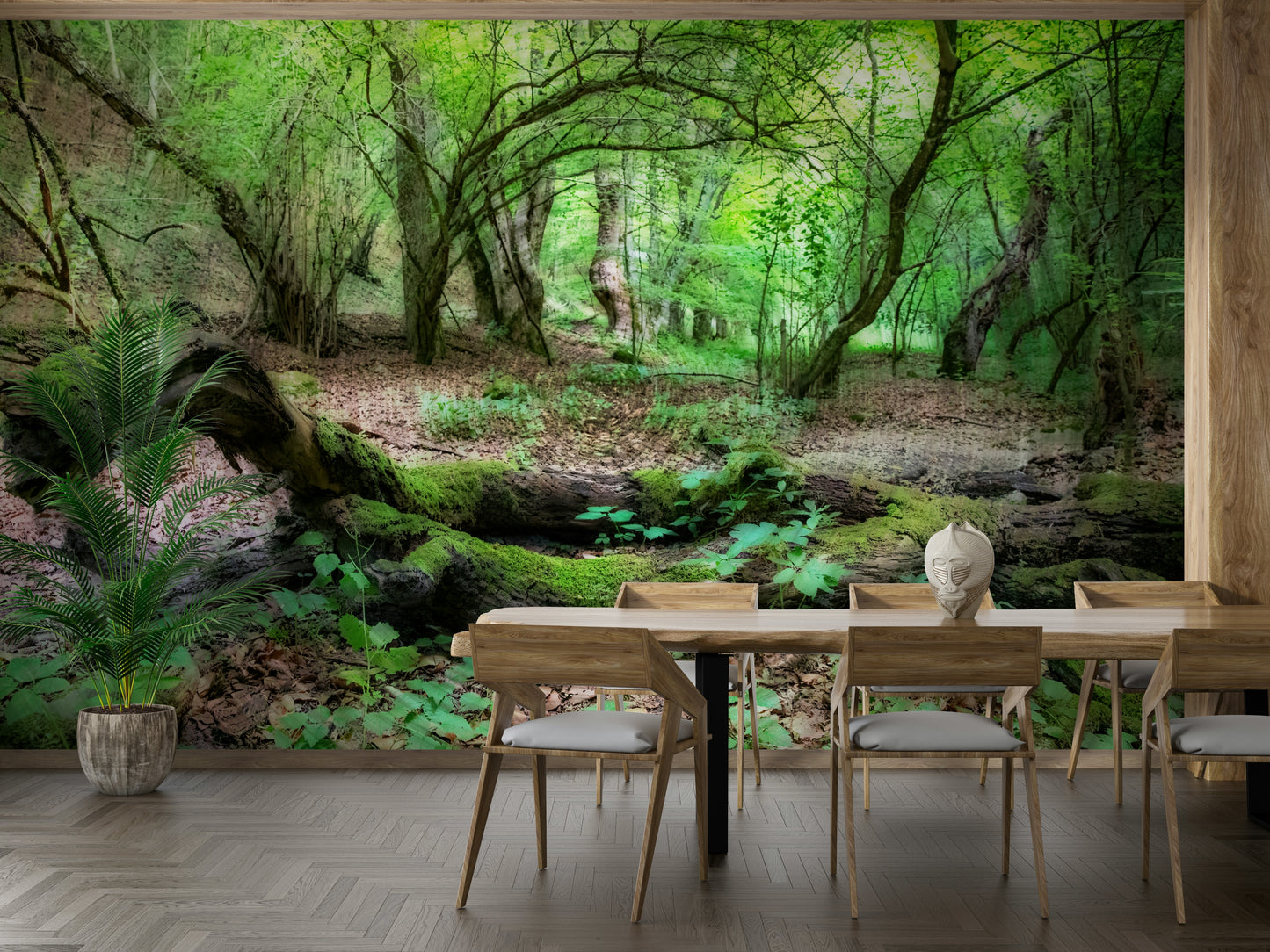 The mural gives a feeling of being in a quiet forest.

