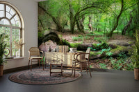 The ground is covered with leaves or moss.

