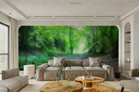 A wall mural of a lush green forest.


