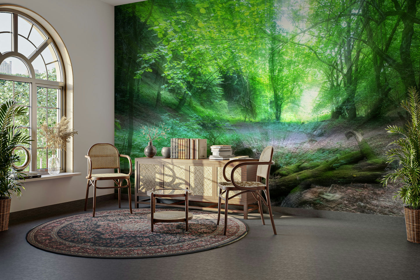 The ground is covered with leaves or moss.

