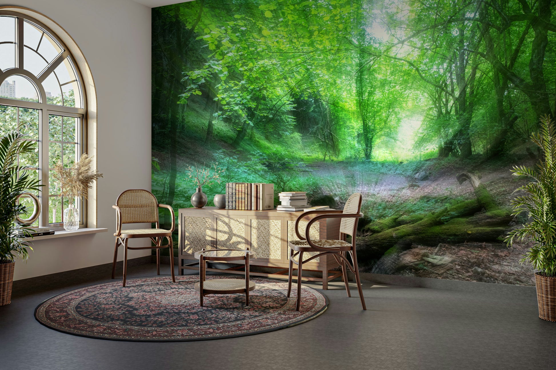 The ground is covered with leaves or moss.

