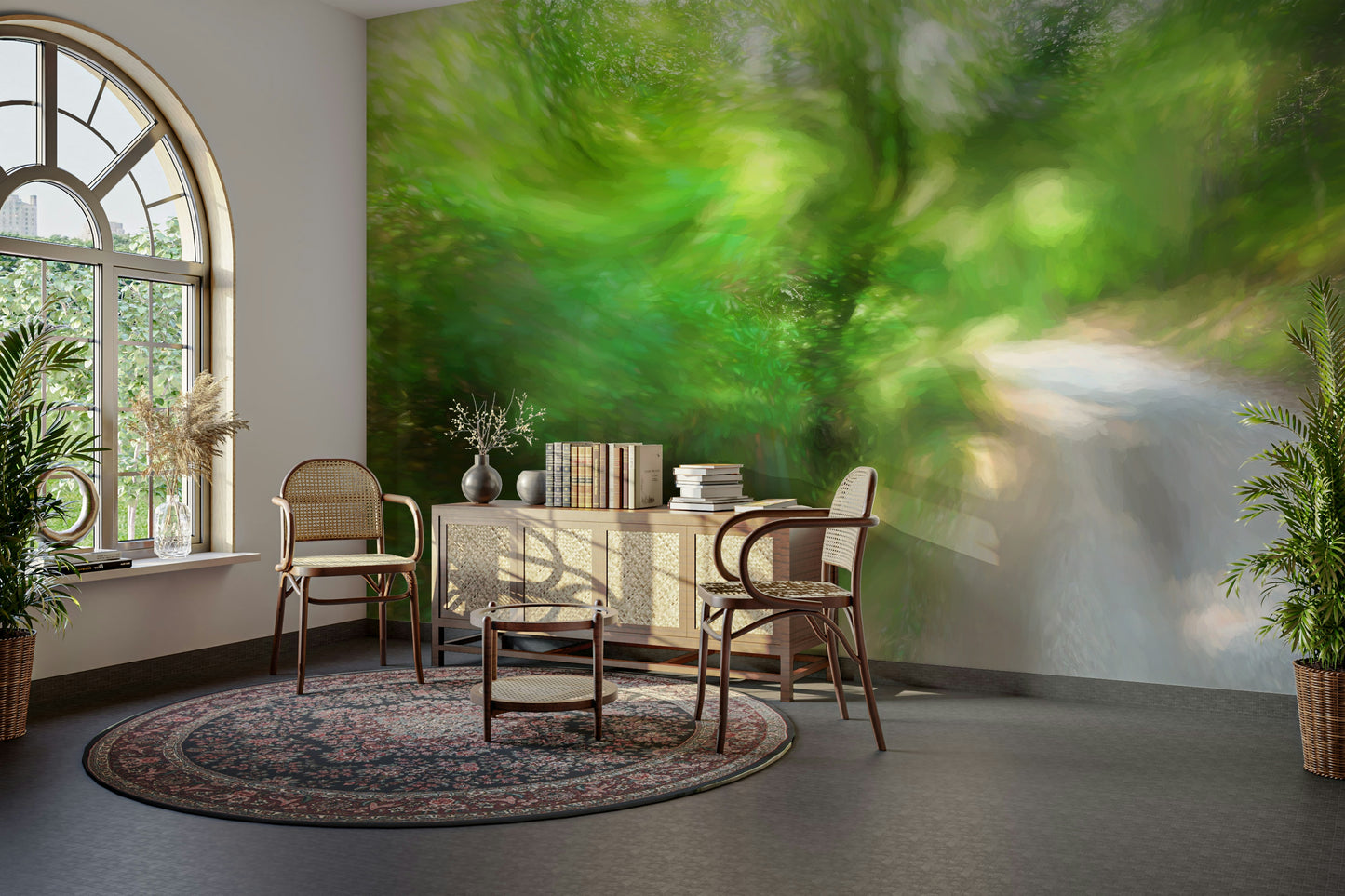 Lush green pathway with blurred light.