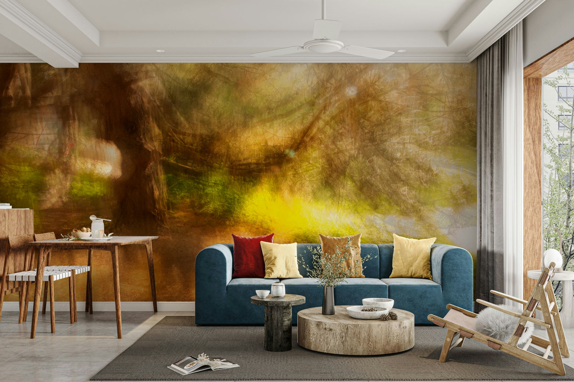 Soft, vibrant colors, often green, blue, and yellow.

