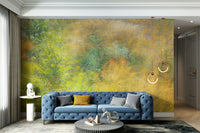 An abstract wall mural of an ethereal autumn landscape.

