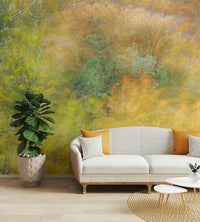 The wall mural is installed on a living room feature wall.

