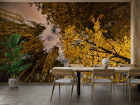 The leaves are silhouetted against a deep blue and purple sky.

