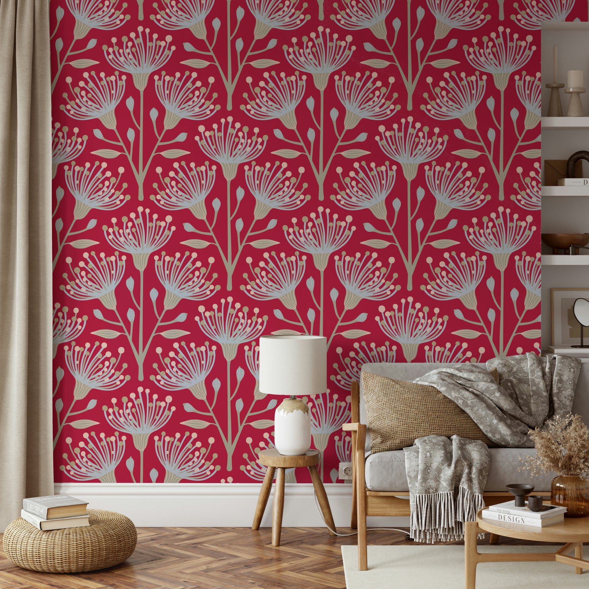 The design features eucalyptus leaves and bold floral shapes.

