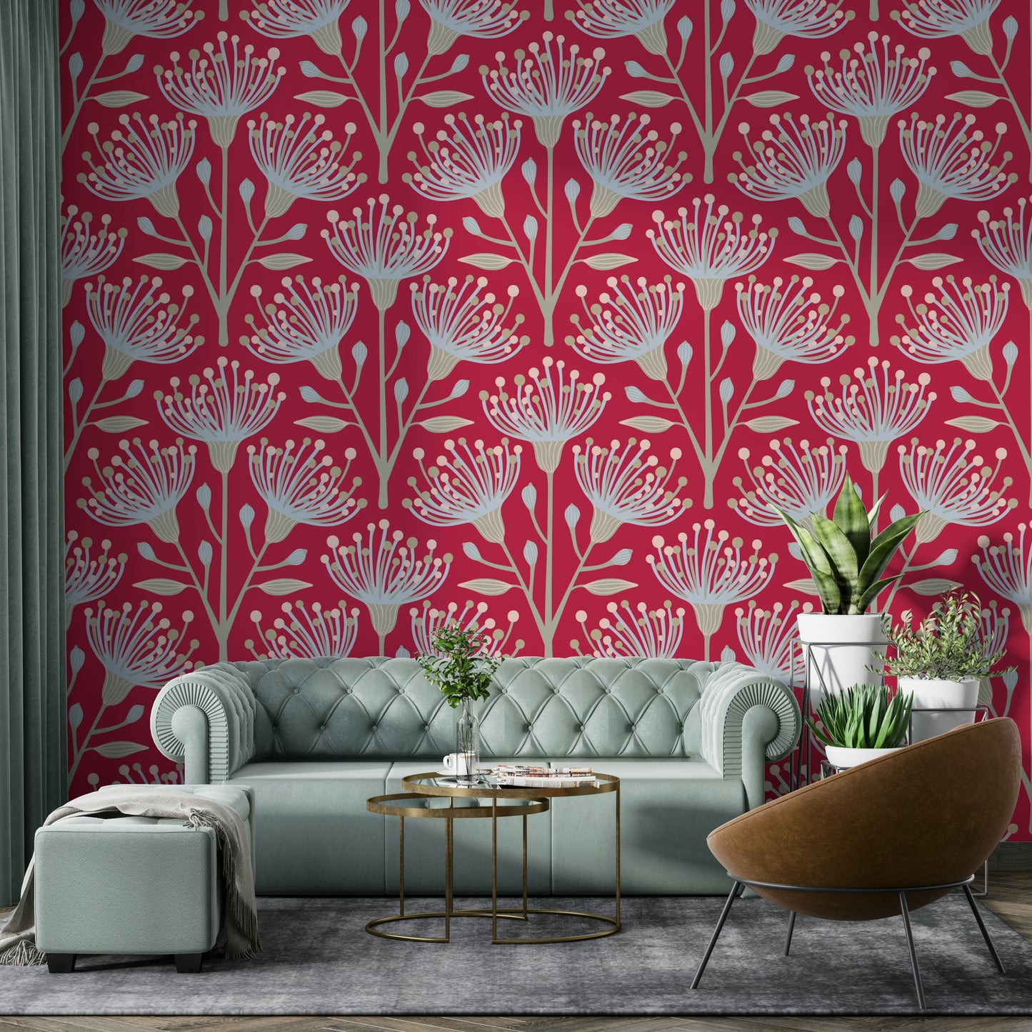 A repeating floral and botanical pattern on a wall mural.


