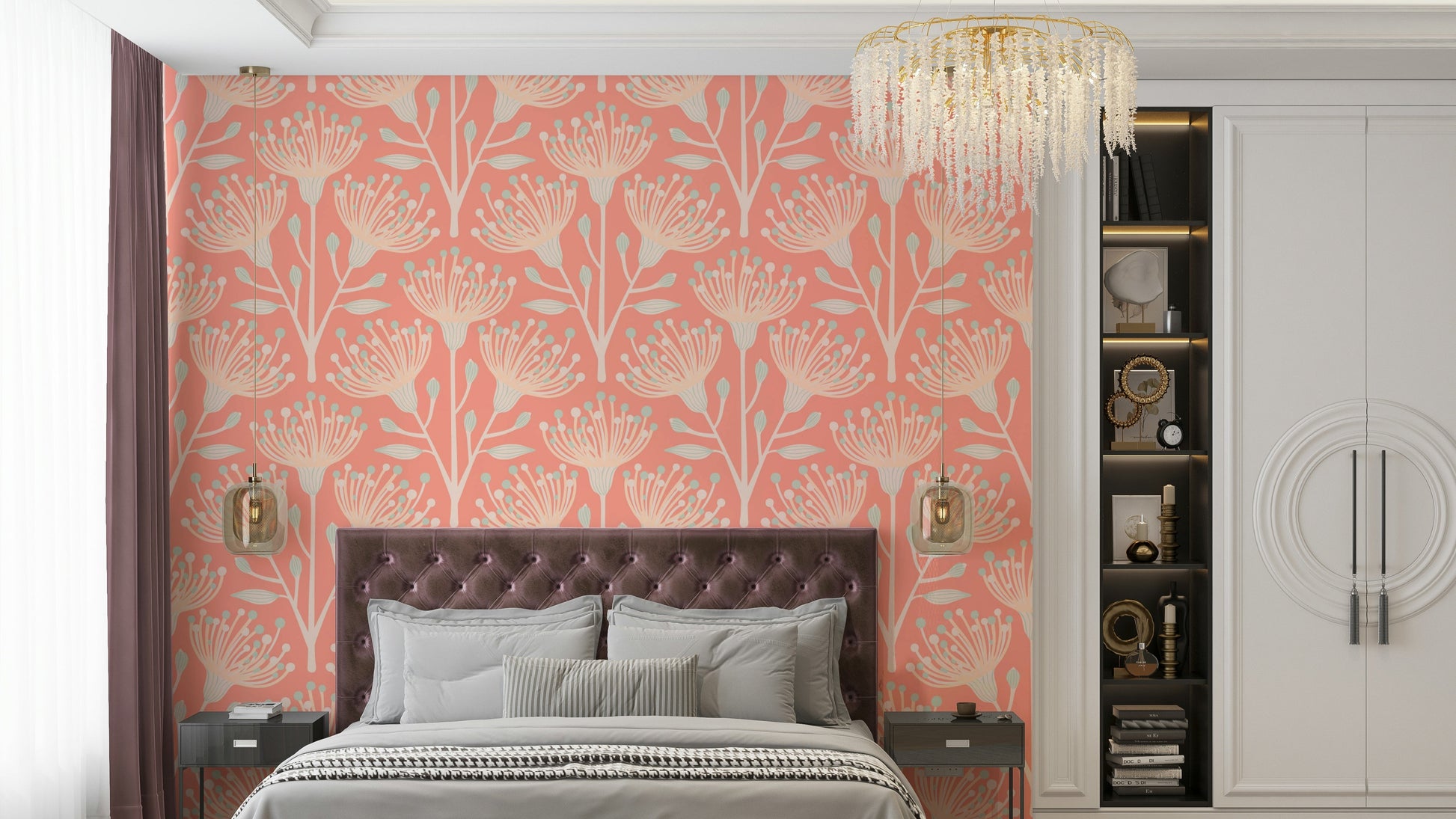 A repeating floral and botanical pattern on a wall mural.

