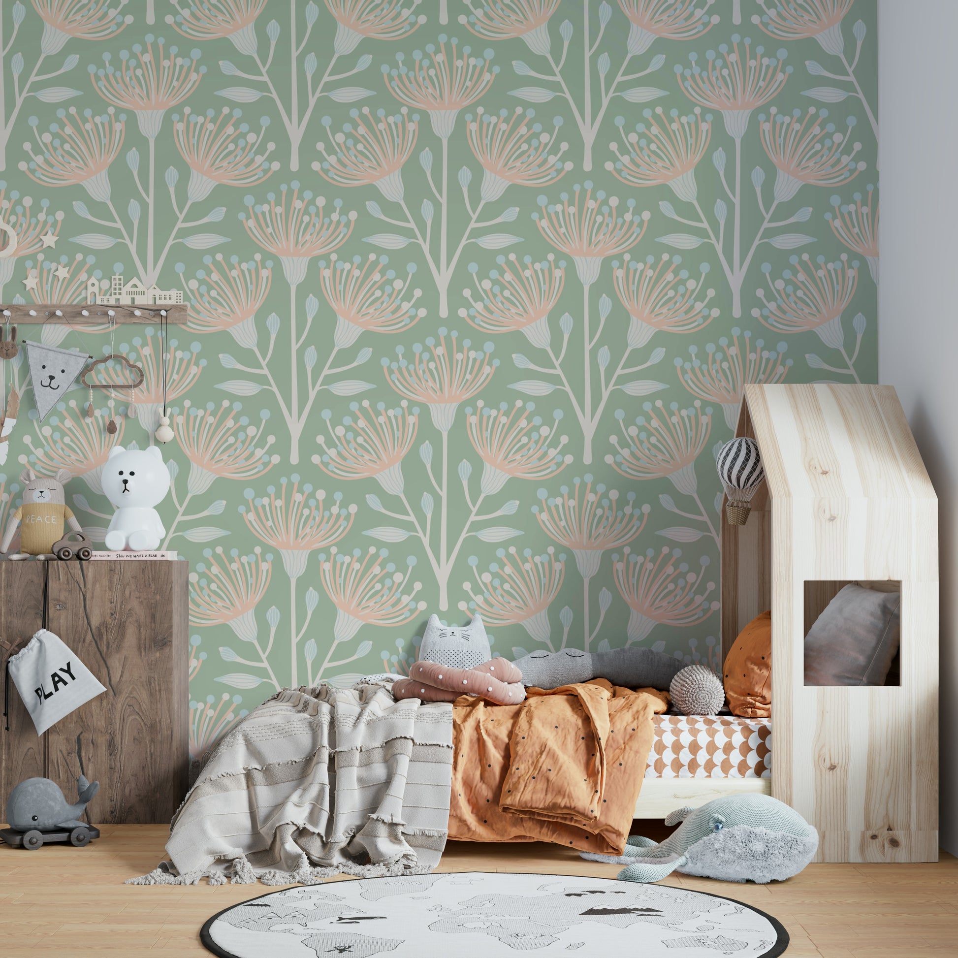 The design features eucalyptus leaves and small blossoms.

