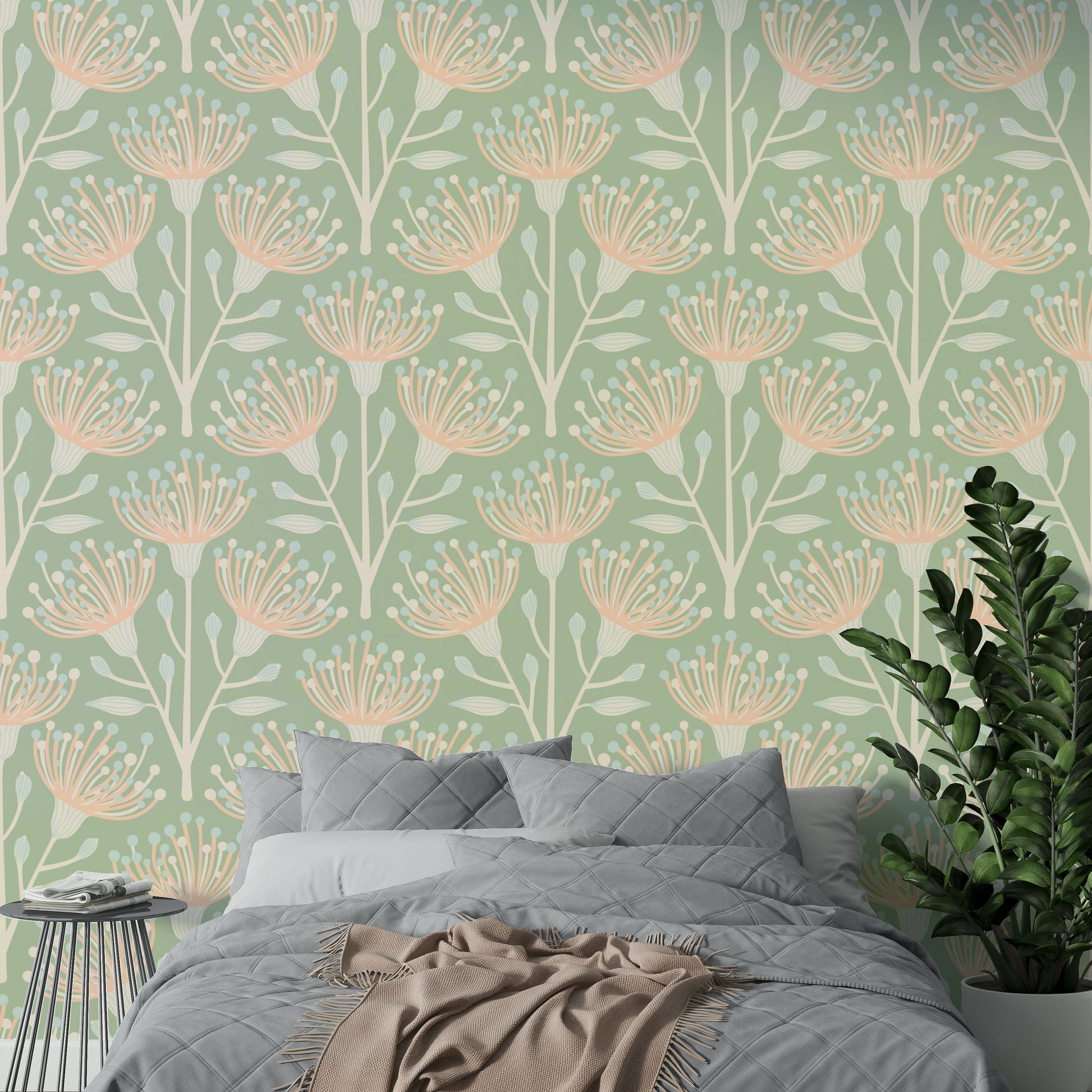 The pattern has a cottage-inspired, botanical feel.


