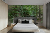 Flowing water and verdant trees.

