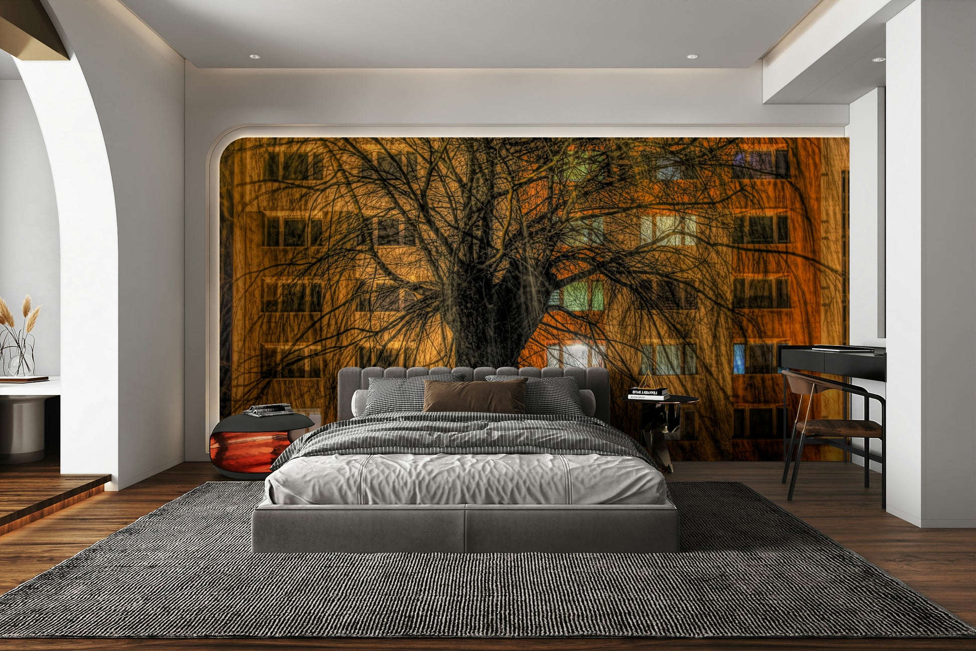 Wall decor evoking city life and natural elements.


