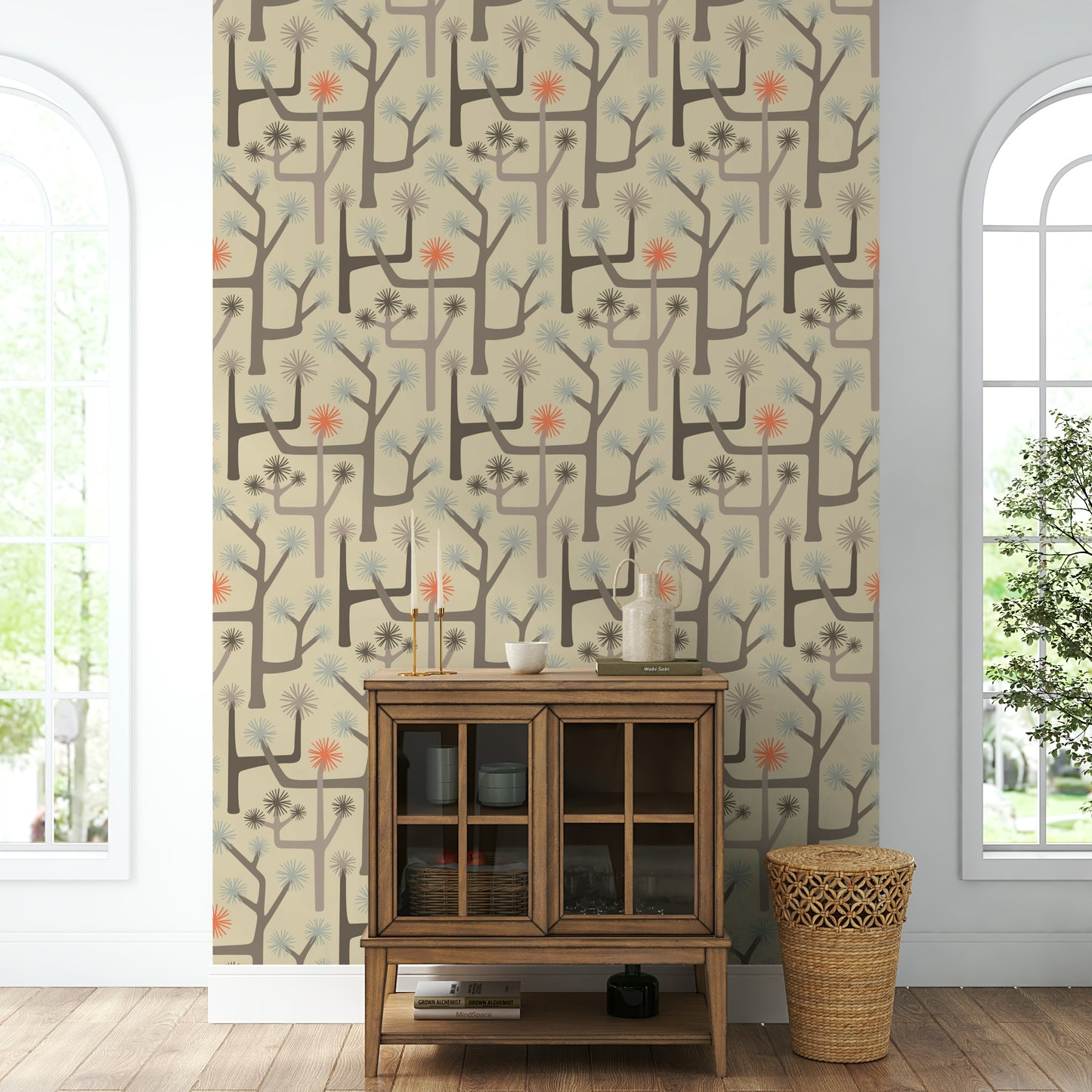 Stylized Joshua trees and desert cacti.

