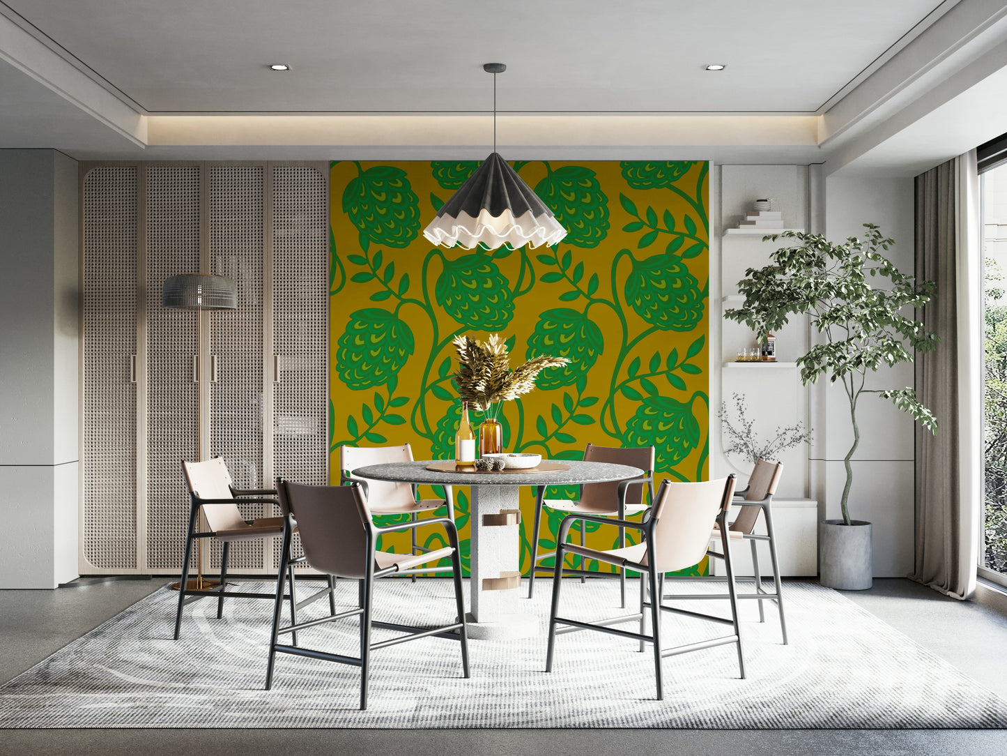 Bold botanical illustrations on wallpaper.

