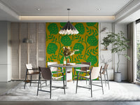 Bold botanical illustrations on wallpaper.

