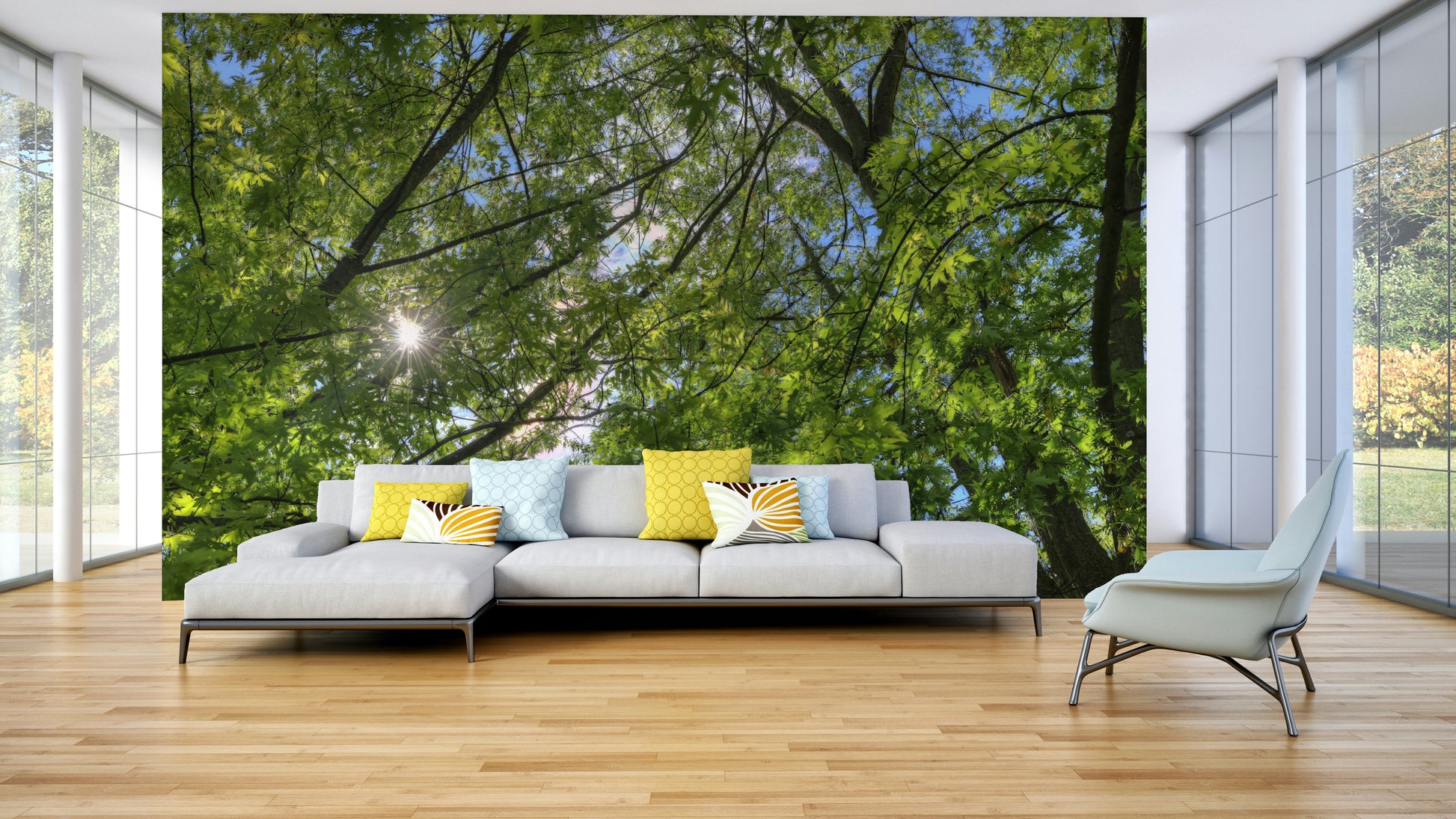 Sunlight filtering through green leaves.

