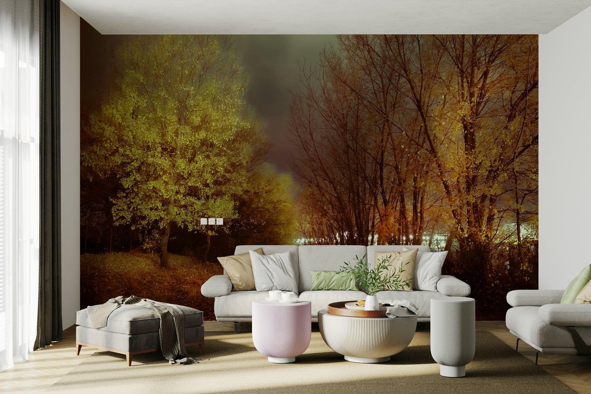 Warm orange, yellow, and brown tones.

