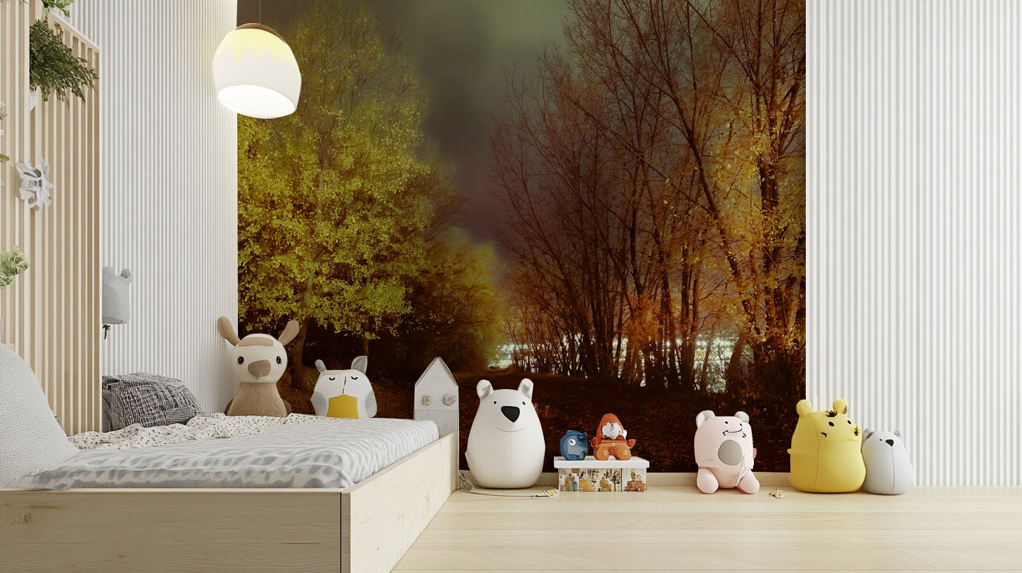 Tranquil trees in golden autumn hues.

