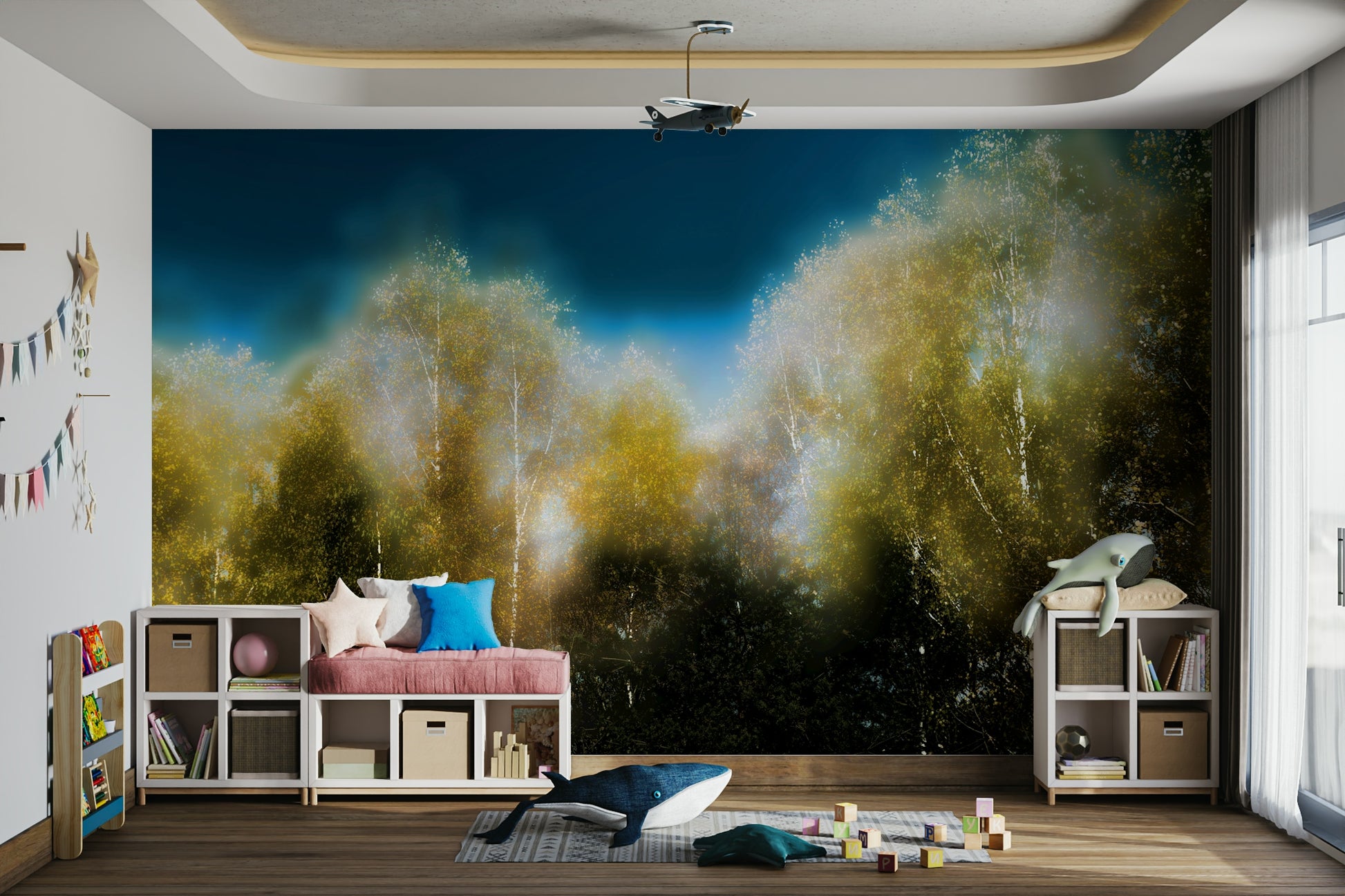 Subtle textures of tree bark and leaves.

